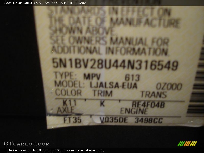 Smoke Gray Metallic / Gray 2004 Nissan Quest 3.5 SL