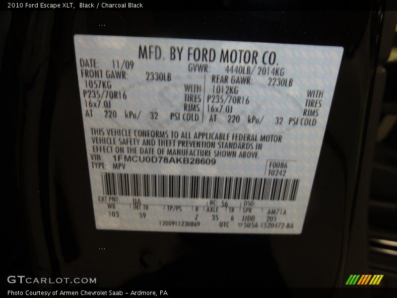 Black / Charcoal Black 2010 Ford Escape XLT