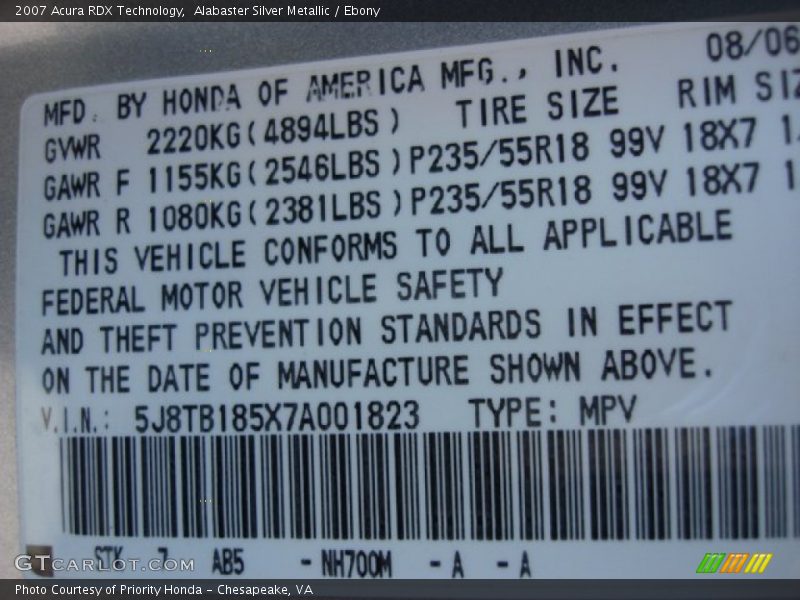 Alabaster Silver Metallic / Ebony 2007 Acura RDX Technology