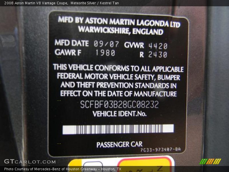 Info Tag of 2008 V8 Vantage Coupe