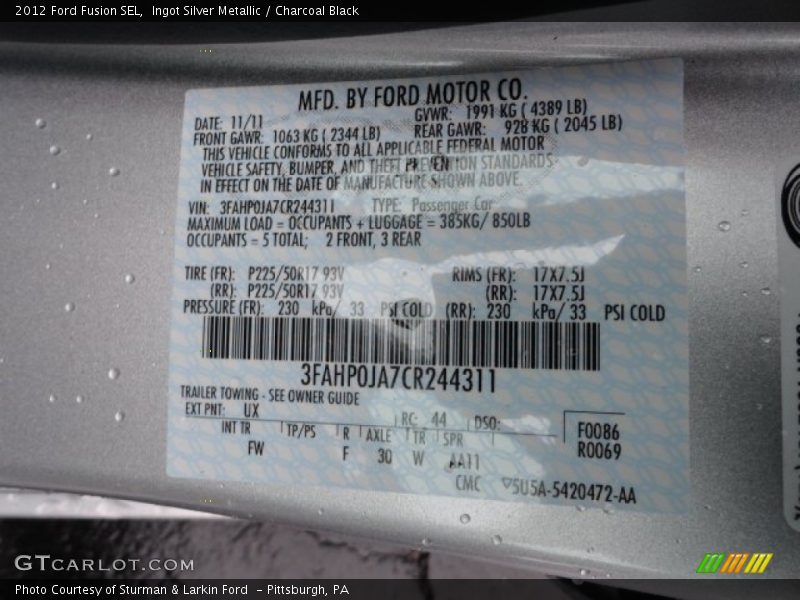 Ingot Silver Metallic / Charcoal Black 2012 Ford Fusion SEL