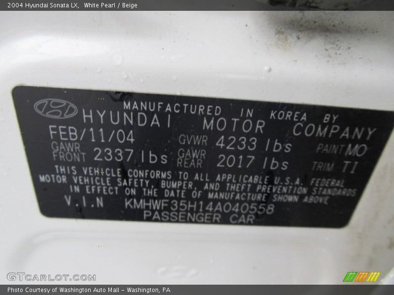 White Pearl / Beige 2004 Hyundai Sonata LX