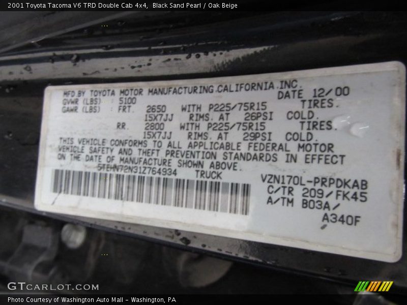 Black Sand Pearl / Oak Beige 2001 Toyota Tacoma V6 TRD Double Cab 4x4