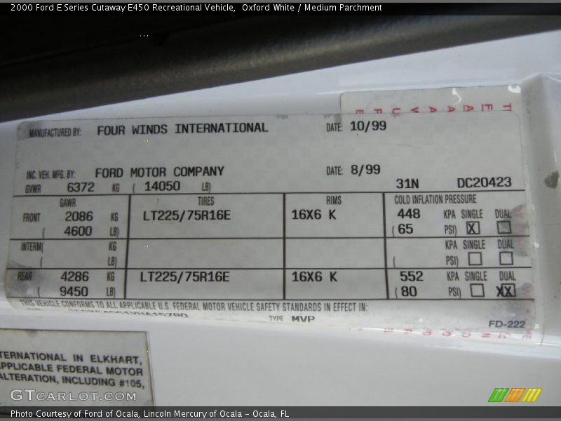 Oxford White / Medium Parchment 2000 Ford E Series Cutaway E450 Recreational Vehicle