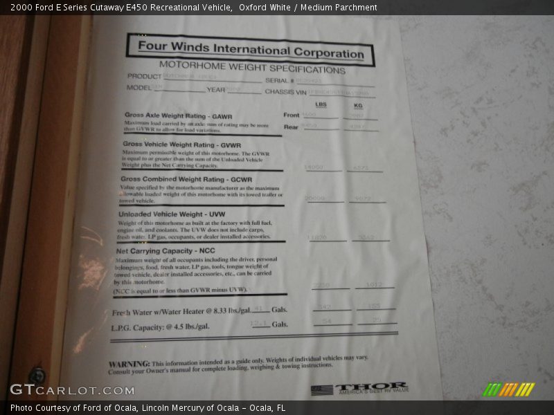 Oxford White / Medium Parchment 2000 Ford E Series Cutaway E450 Recreational Vehicle