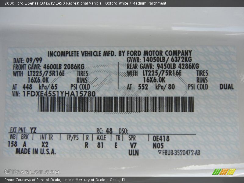 2000 E Series Cutaway E450 Recreational Vehicle Oxford White Color Code YZ