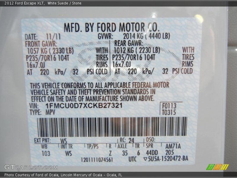 2012 Escape XLT White Suede Color Code WS
