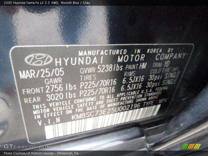 Moonlit Blue / Gray 2005 Hyundai Santa Fe LX 3.5 4WD