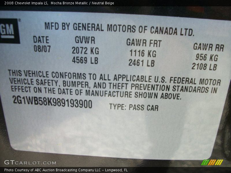 Mocha Bronze Metallic / Neutral Beige 2008 Chevrolet Impala LS