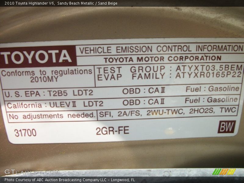 Sandy Beach Metallic / Sand Beige 2010 Toyota Highlander V6