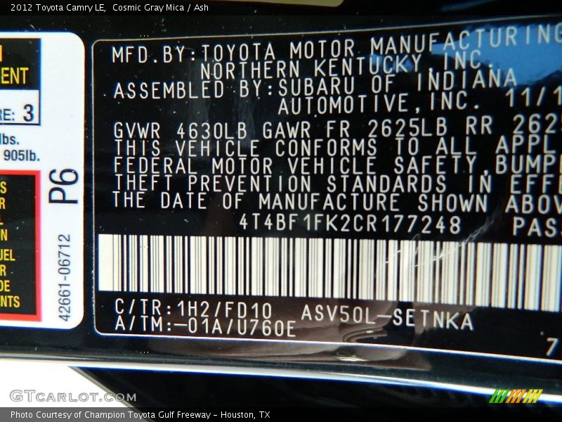 Cosmic Gray Mica / Ash 2012 Toyota Camry LE