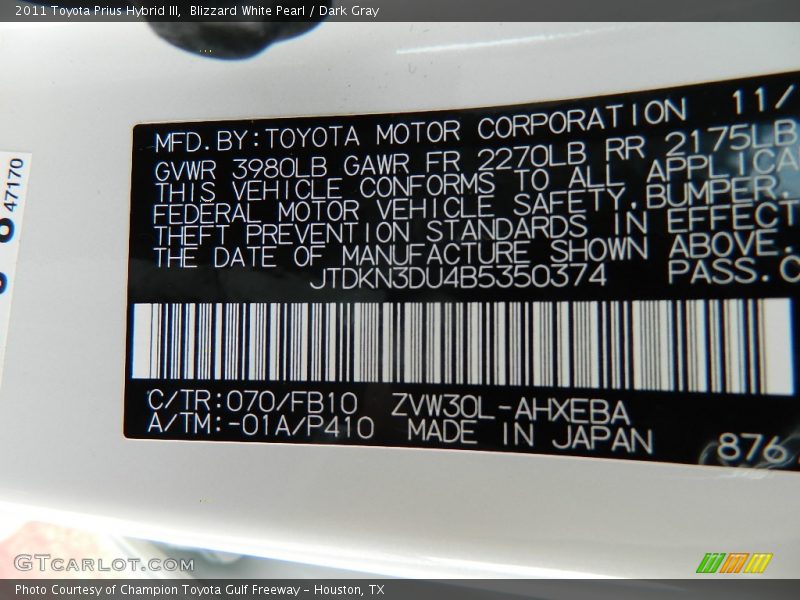Blizzard White Pearl / Dark Gray 2011 Toyota Prius Hybrid III