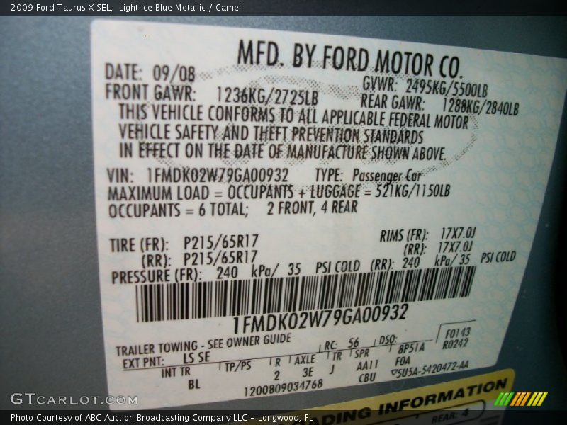 2009 Taurus X SEL Light Ice Blue Metallic Color Code LS