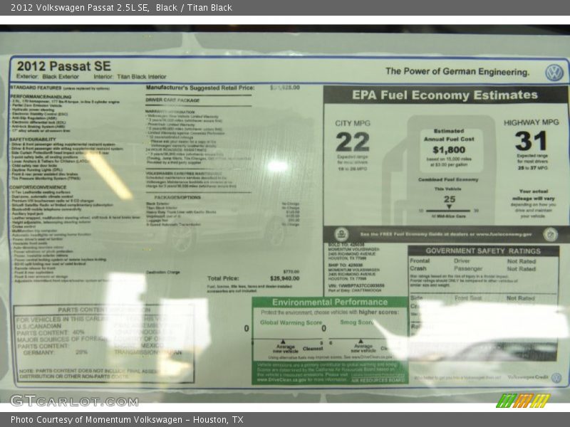  2012 Passat 2.5L SE Window Sticker