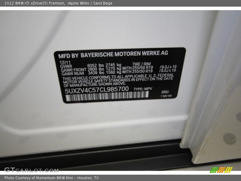 Alpine White / Sand Beige 2012 BMW X5 xDrive35i Premium