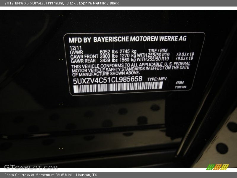 Black Sapphire Metallic / Black 2012 BMW X5 xDrive35i Premium