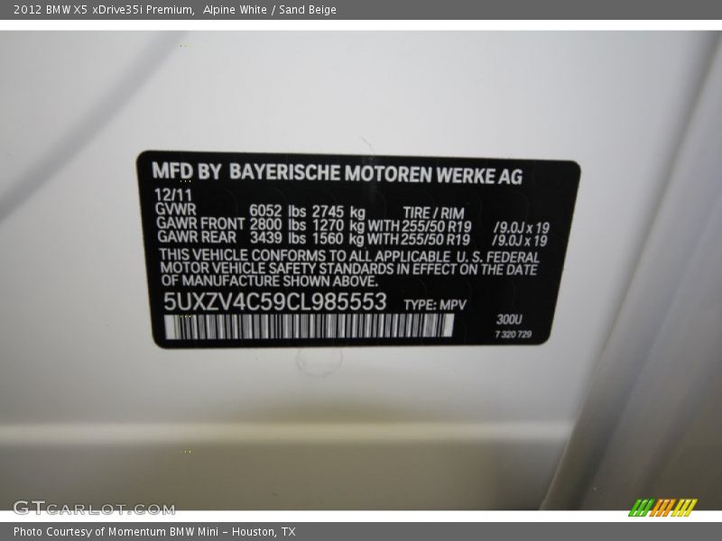 Alpine White / Sand Beige 2012 BMW X5 xDrive35i Premium