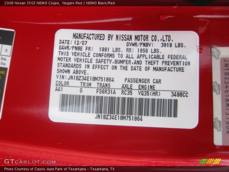 2008 350Z NISMO Coupe Nogaro Red Color Code A41