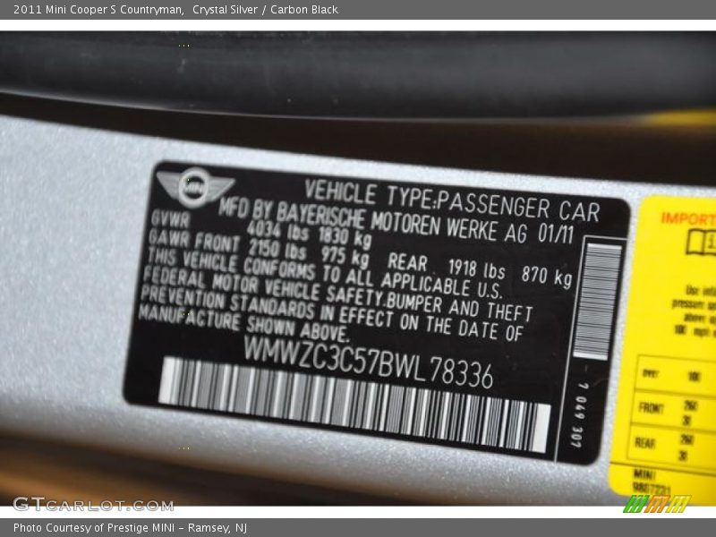 Crystal Silver / Carbon Black 2011 Mini Cooper S Countryman