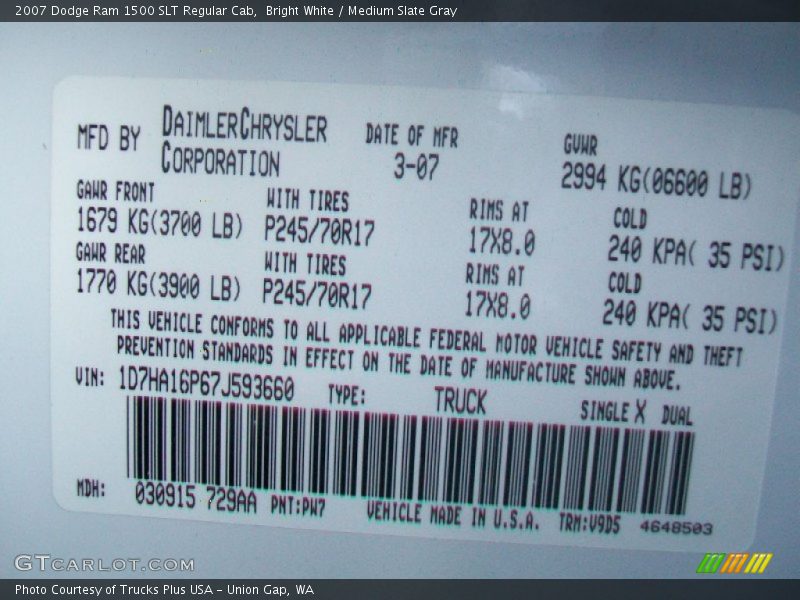 Bright White / Medium Slate Gray 2007 Dodge Ram 1500 SLT Regular Cab