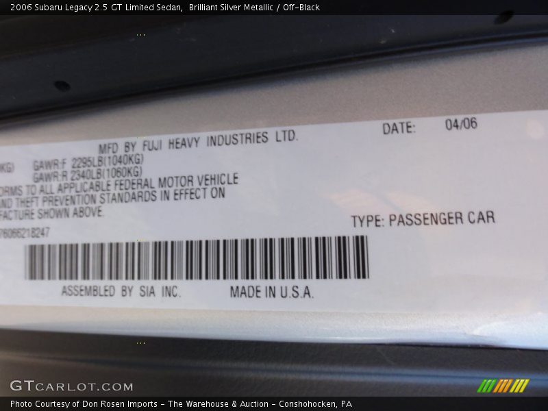 Brilliant Silver Metallic / Off-Black 2006 Subaru Legacy 2.5 GT Limited Sedan