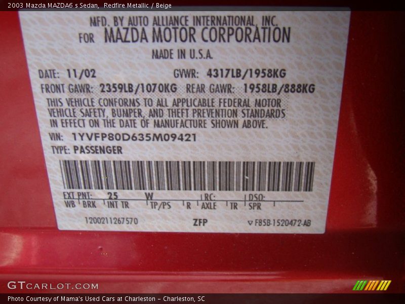 Redfire Metallic / Beige 2003 Mazda MAZDA6 s Sedan