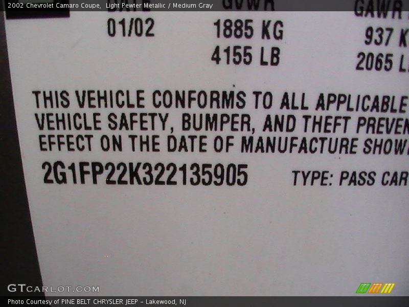 Light Pewter Metallic / Medium Gray 2002 Chevrolet Camaro Coupe