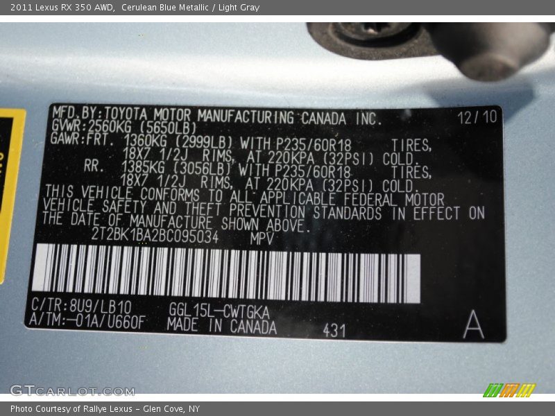 2011 RX 350 AWD Cerulean Blue Metallic Color Code 8U9