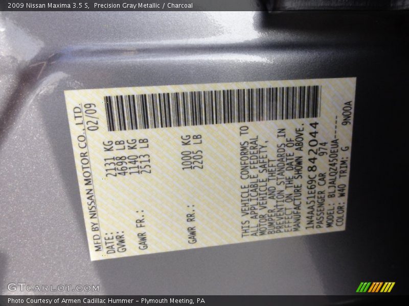 Precision Gray Metallic / Charcoal 2009 Nissan Maxima 3.5 S