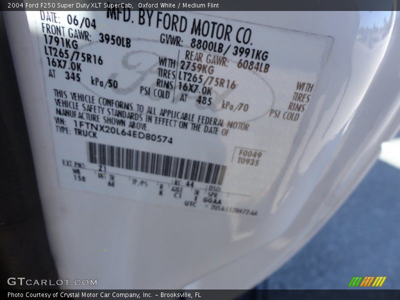 2004 F250 Super Duty XLT SuperCab Oxford White Color Code Z1