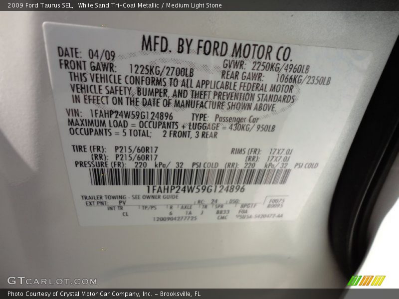 White Sand Tri-Coat Metallic / Medium Light Stone 2009 Ford Taurus SEL