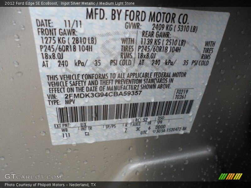 Ingot Silver Metallic / Medium Light Stone 2012 Ford Edge SE EcoBoost