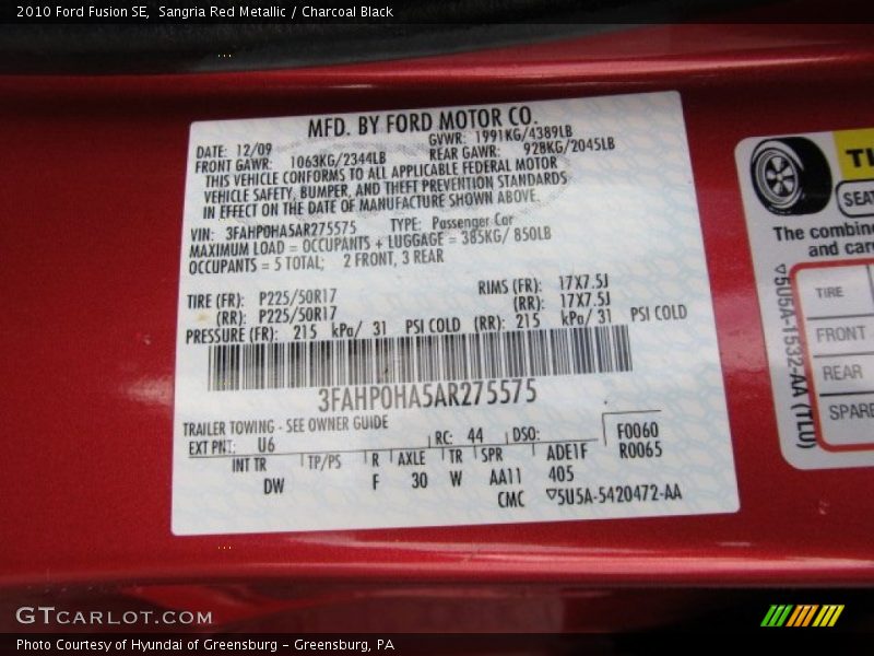 Sangria Red Metallic / Charcoal Black 2010 Ford Fusion SE