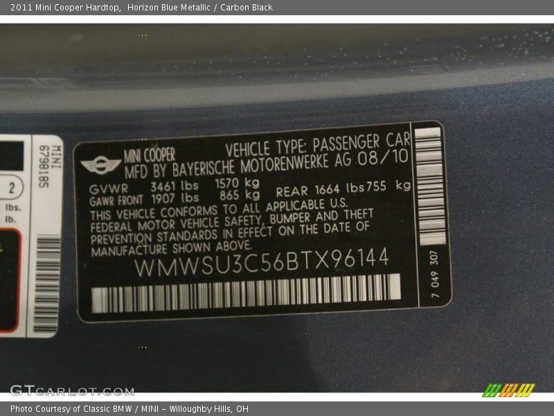 Horizon Blue Metallic / Carbon Black 2011 Mini Cooper Hardtop