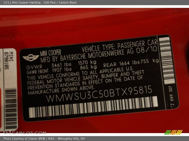 Chili Red / Carbon Black 2011 Mini Cooper Hardtop