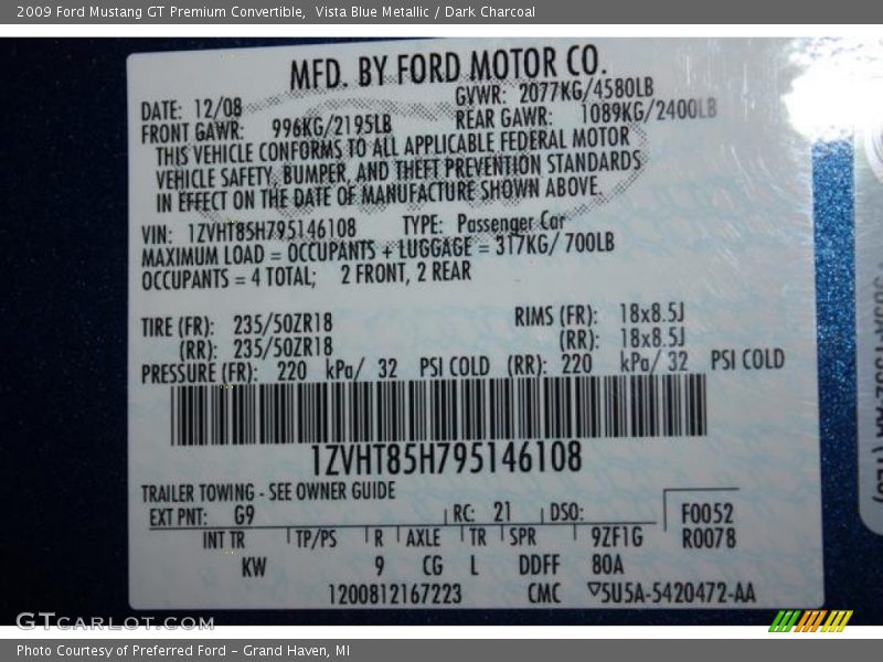 2009 Mustang GT Premium Convertible Vista Blue Metallic Color Code G9