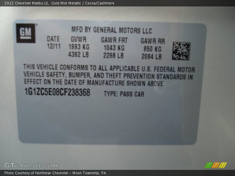 Gold Mist Metallic / Cocoa/Cashmere 2012 Chevrolet Malibu LS