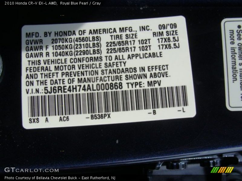 Royal Blue Pearl / Gray 2010 Honda CR-V EX-L AWD