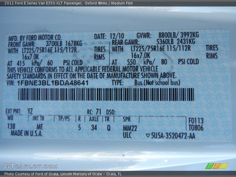 Oxford White / Medium Flint 2011 Ford E Series Van E350 XLT Passenger