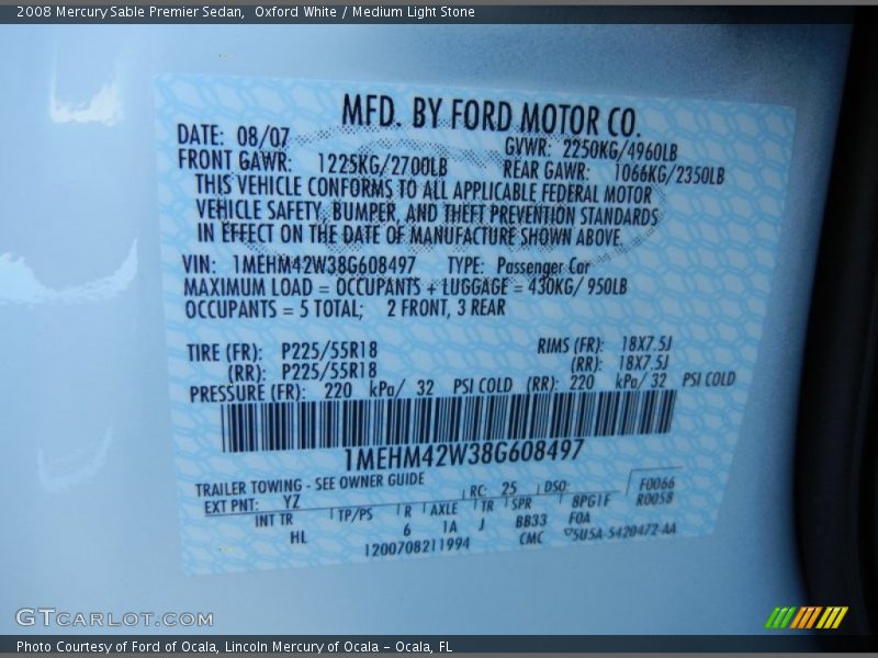 Oxford White / Medium Light Stone 2008 Mercury Sable Premier Sedan
