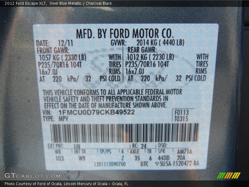 Steel Blue Metallic / Charcoal Black 2012 Ford Escape XLT