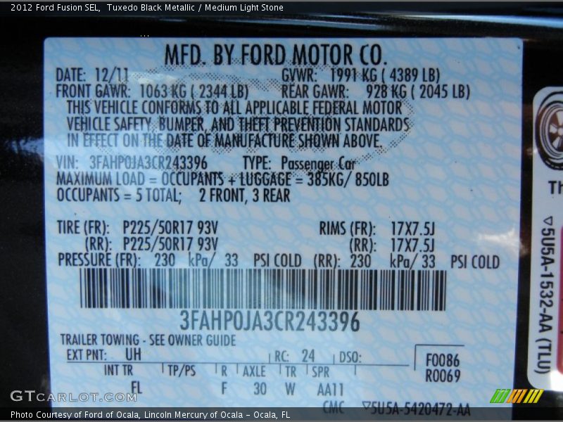 Tuxedo Black Metallic / Medium Light Stone 2012 Ford Fusion SEL
