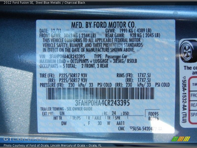 Steel Blue Metallic / Charcoal Black 2012 Ford Fusion SE