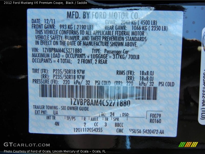 2012 Mustang V6 Premium Coupe Black Color Code UA