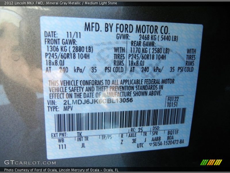 Mineral Gray Metallic / Medium Light Stone 2012 Lincoln MKX FWD