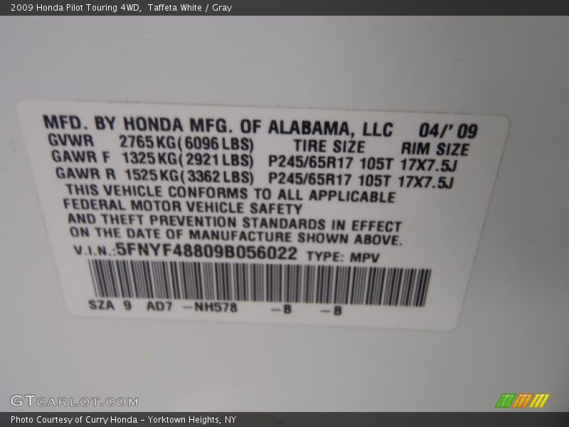 Taffeta White / Gray 2009 Honda Pilot Touring 4WD