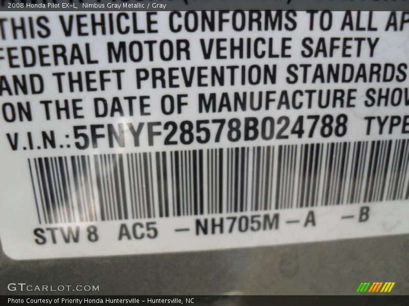 Nimbus Gray Metallic / Gray 2008 Honda Pilot EX-L