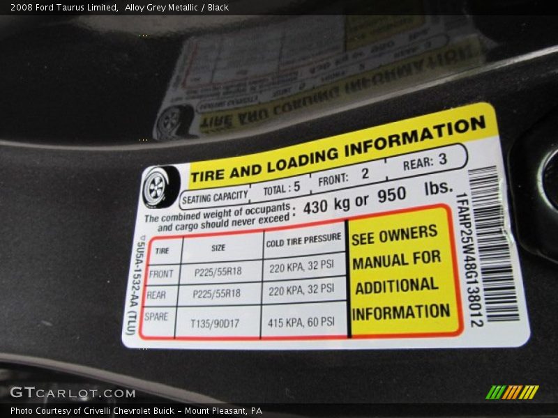 Info Tag of 2008 Taurus Limited