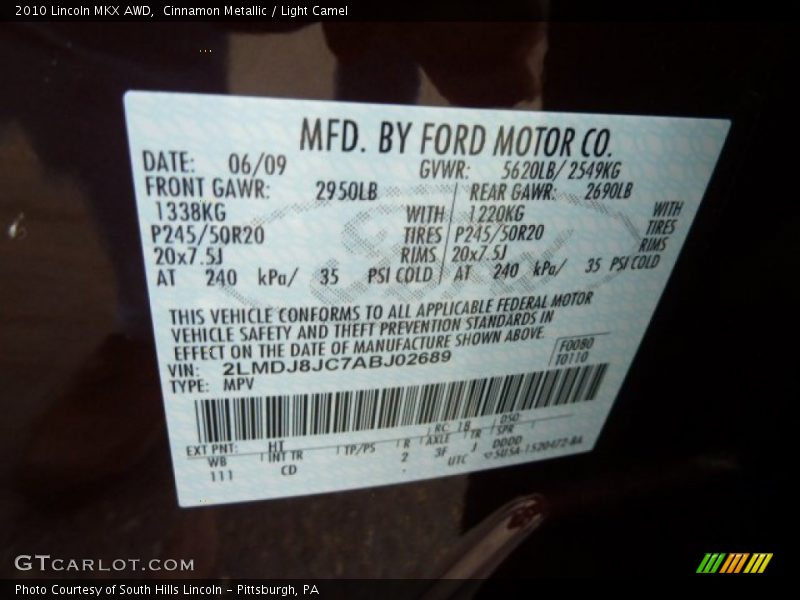 2010 MKX AWD Cinnamon Metallic Color Code HT