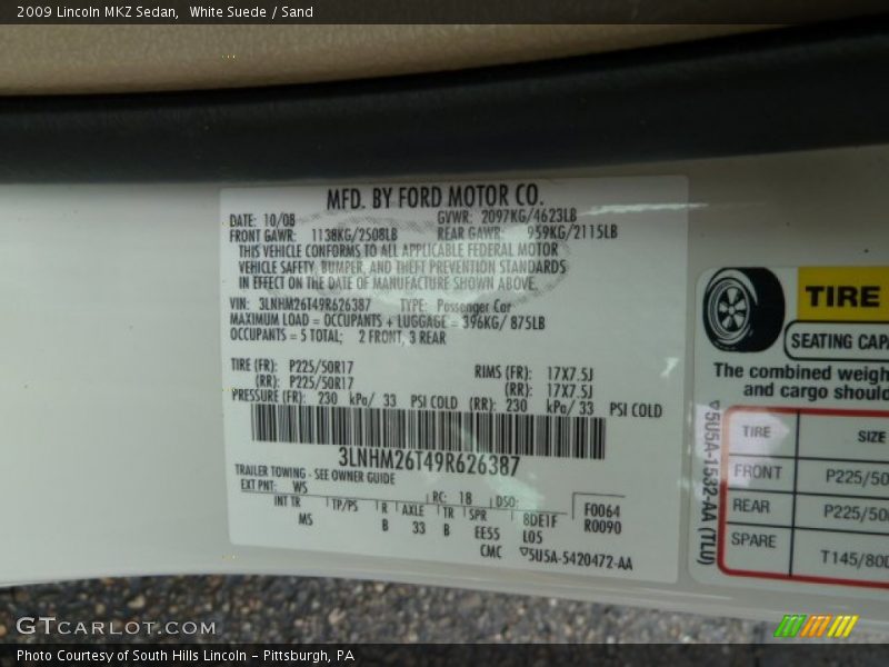 2009 MKZ Sedan White Suede Color Code WS